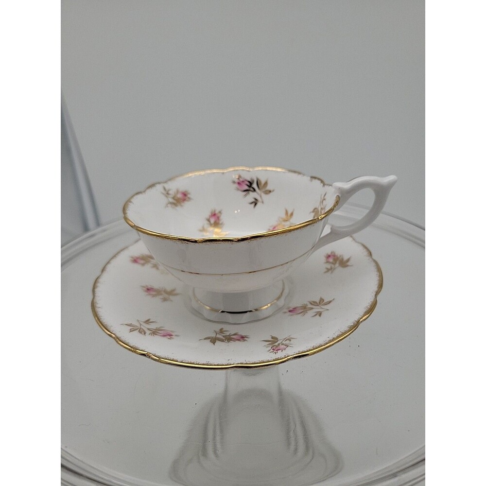 Royal Stafford Bone China Sweet Pink Rose Rosebud Vtg Cup and Saucer Gold Trim